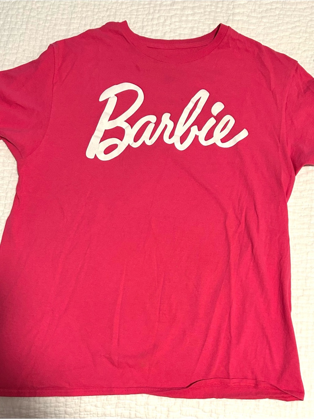 Barbie Hot Pink Short Sleeve Logo Tee with White Script, Sz L